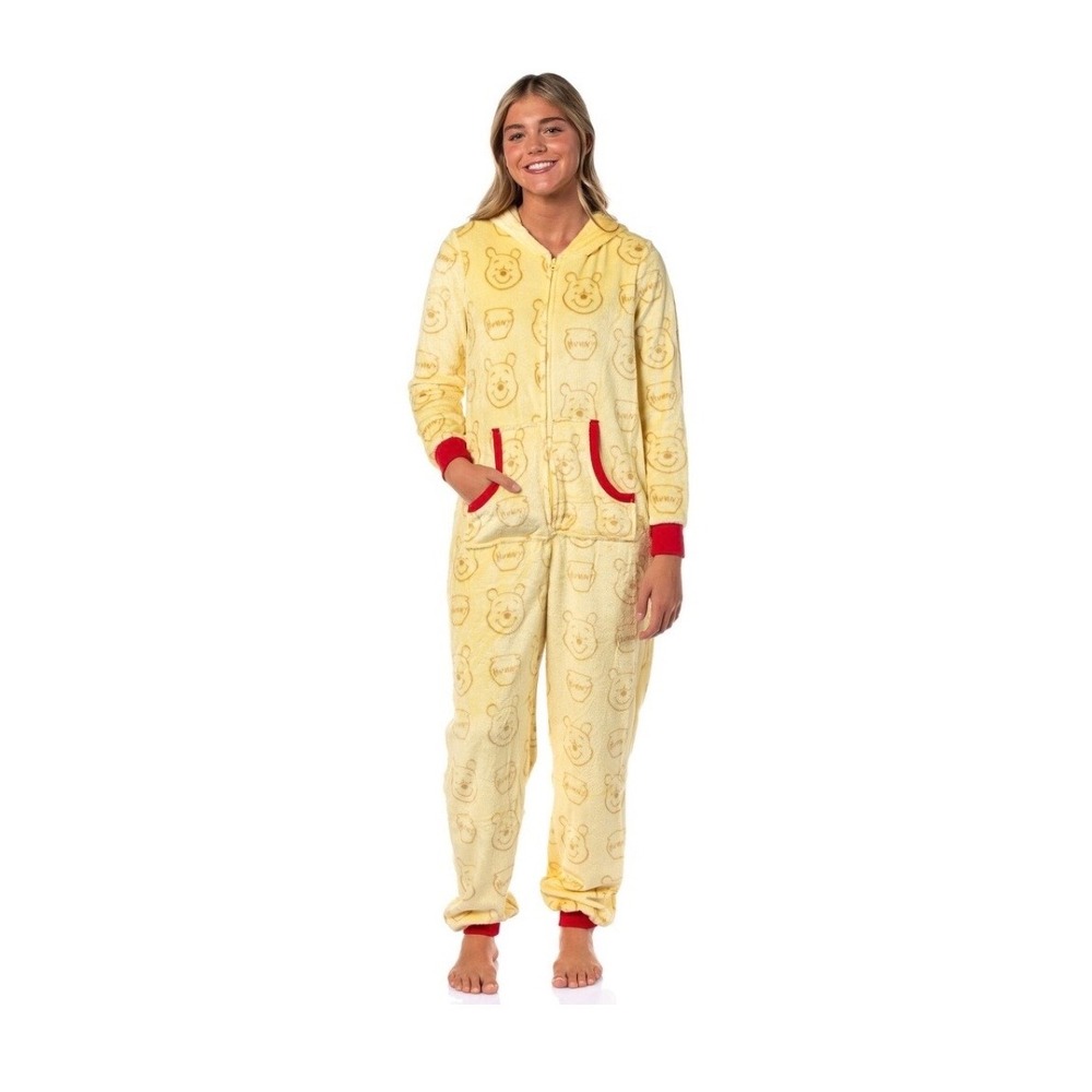 Disney Winnie the Pooh Plush Fleece Hooded One Piece Union Suit Yellow Large L - Picture 2 of 15